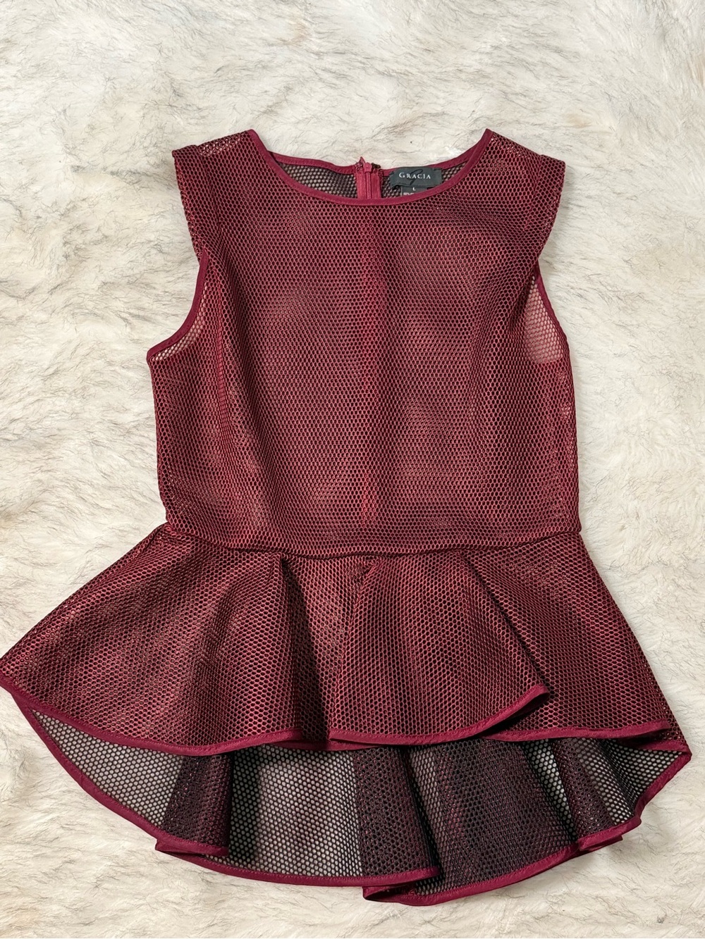 Gracia Burgundy Mesh Peplum Elegant Dress Shirt